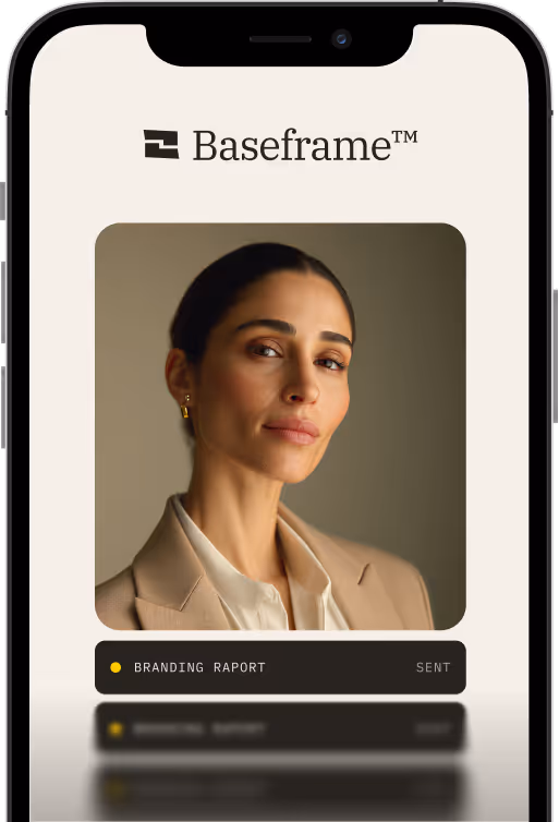 Smartphone screen showing Signal42 app with a professional woman’s portrait and a sent branding report notification.